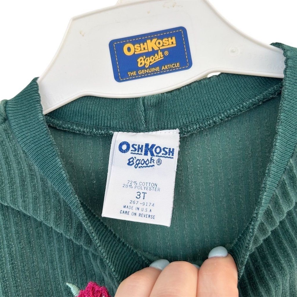 VTG 90s Y2K OshKosh B'gosh 3T Green Corduroy Velour Embroidered Roses USA Made