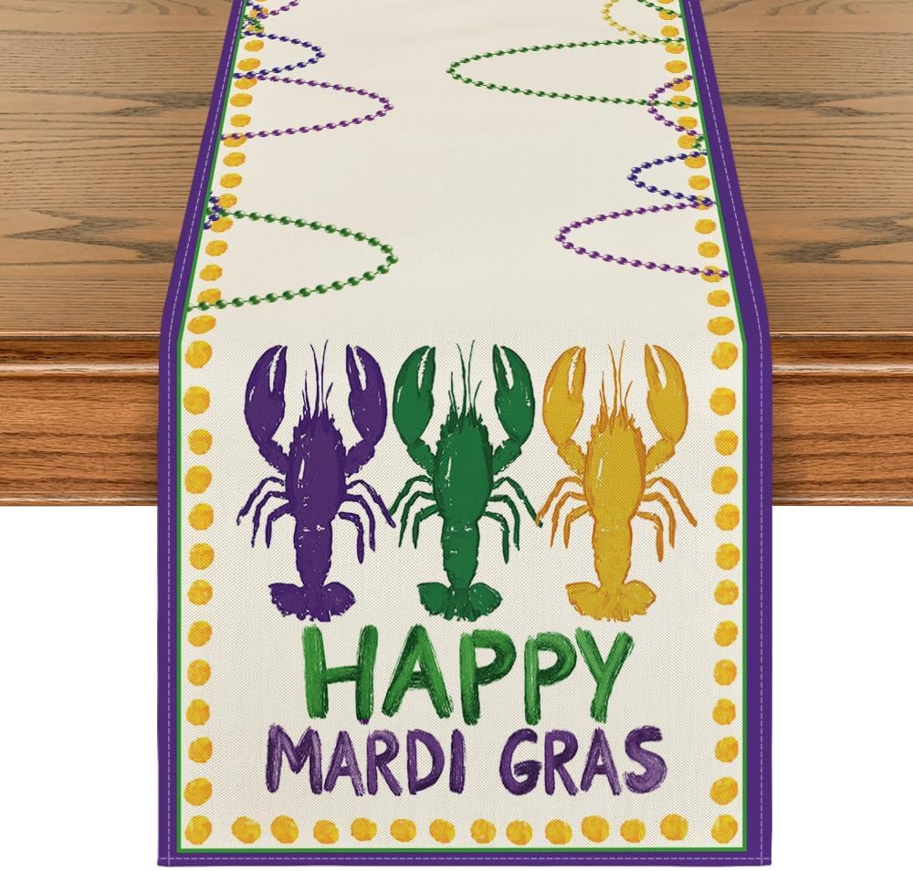 Beads Happy Mardi Gras Carnival Table Runner, Seasonal Holiday Kitchen Dining Ta