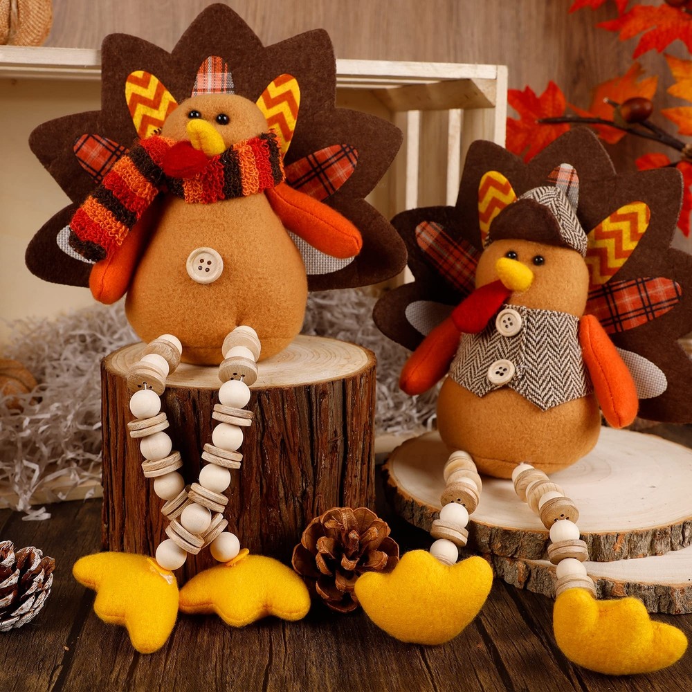 Thanksgiving Decoration Tabletop Standing Turkey Couple with Dangling Legs, 2...