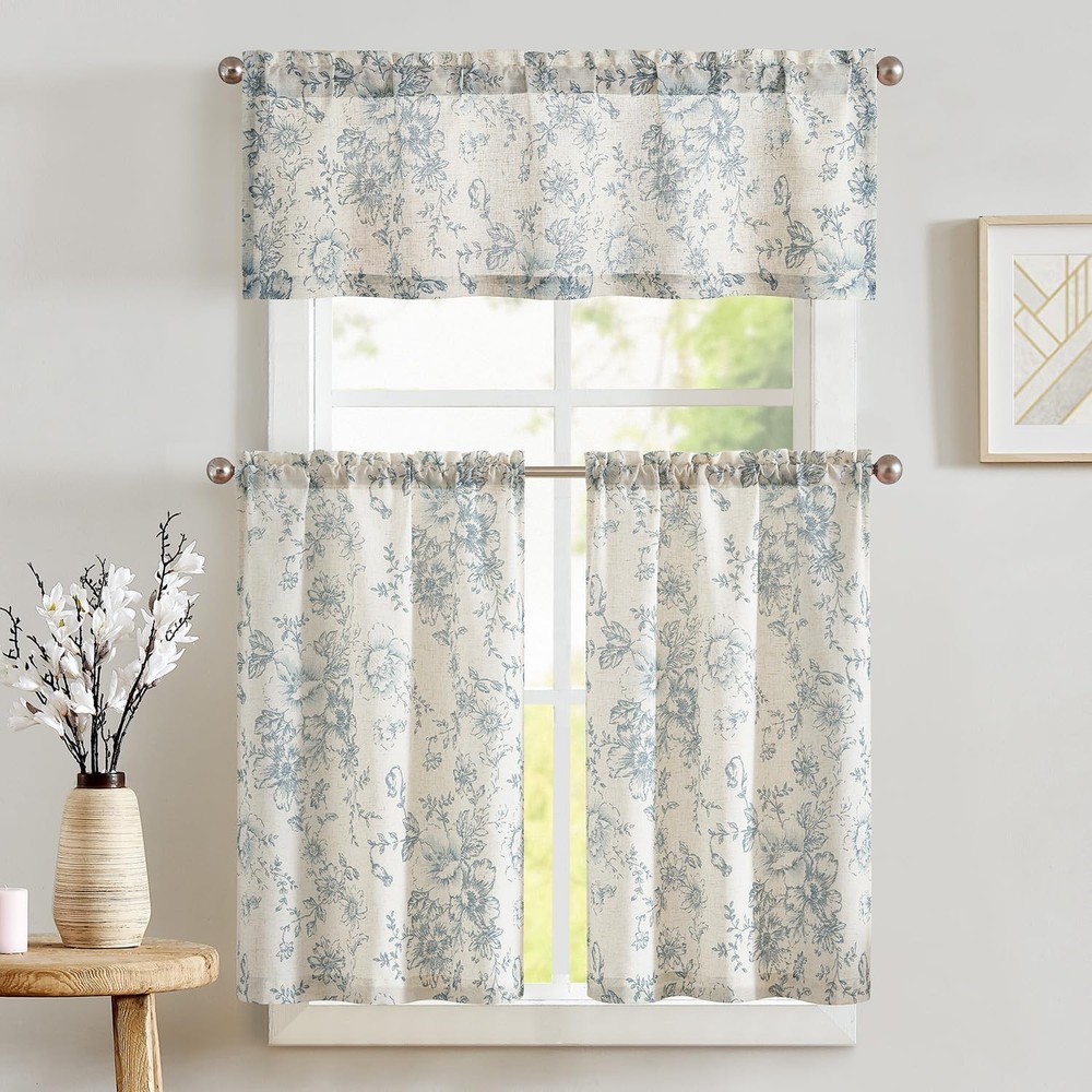 Floral Kitchen Curtains Set Linen Tier Curtains and Valance Farmhouse Drapes ...