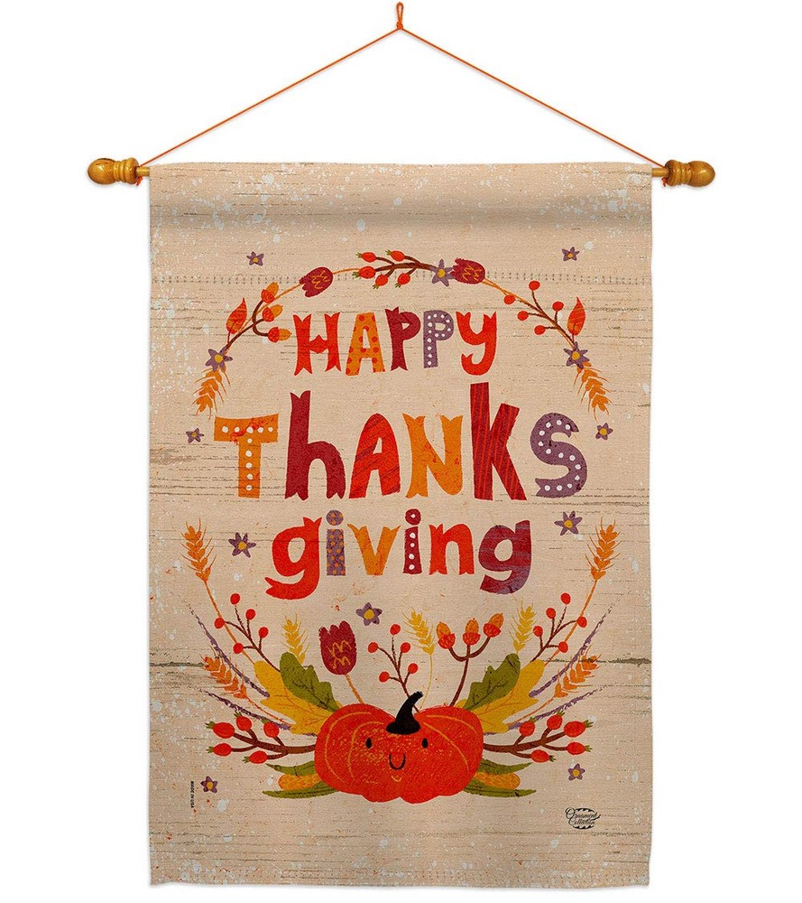 Thanksgiving Turkey Fall House Flag with Dowel Set - Gobble Pumpkin Decor
