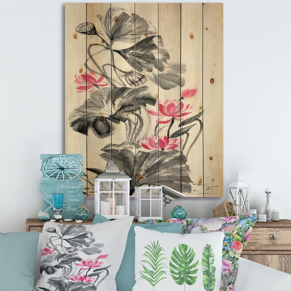 Designart 'Pink Vintage Lotus Flower' Traditional Print on