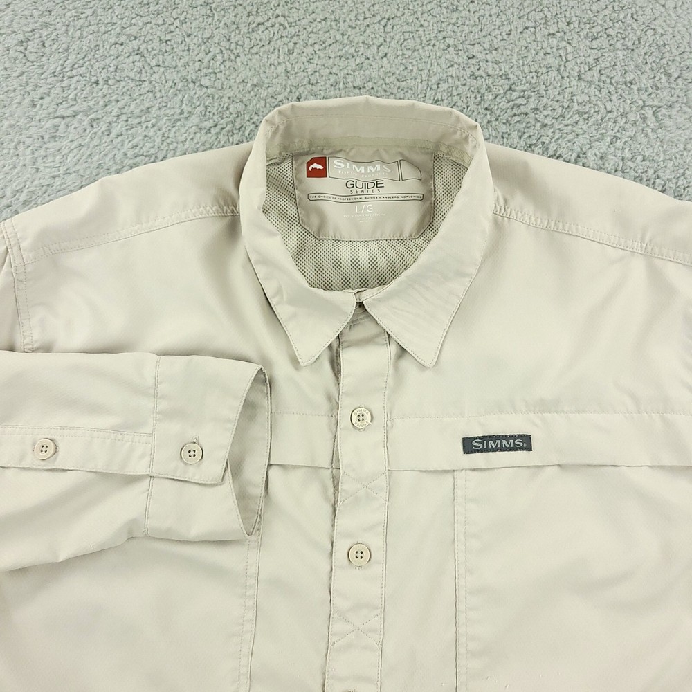 Simms Shirt Men Large Beige Guide Series Vented Fish Activewear Hidden BD