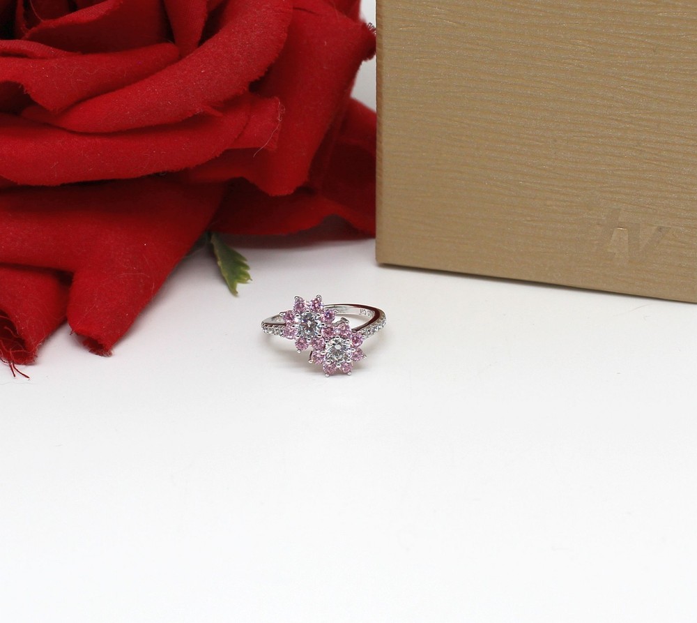 Sterling Silver  NIB JTV Pink & White CZ Cocktail Ring Size  6 2.82g  CAT RESCUE