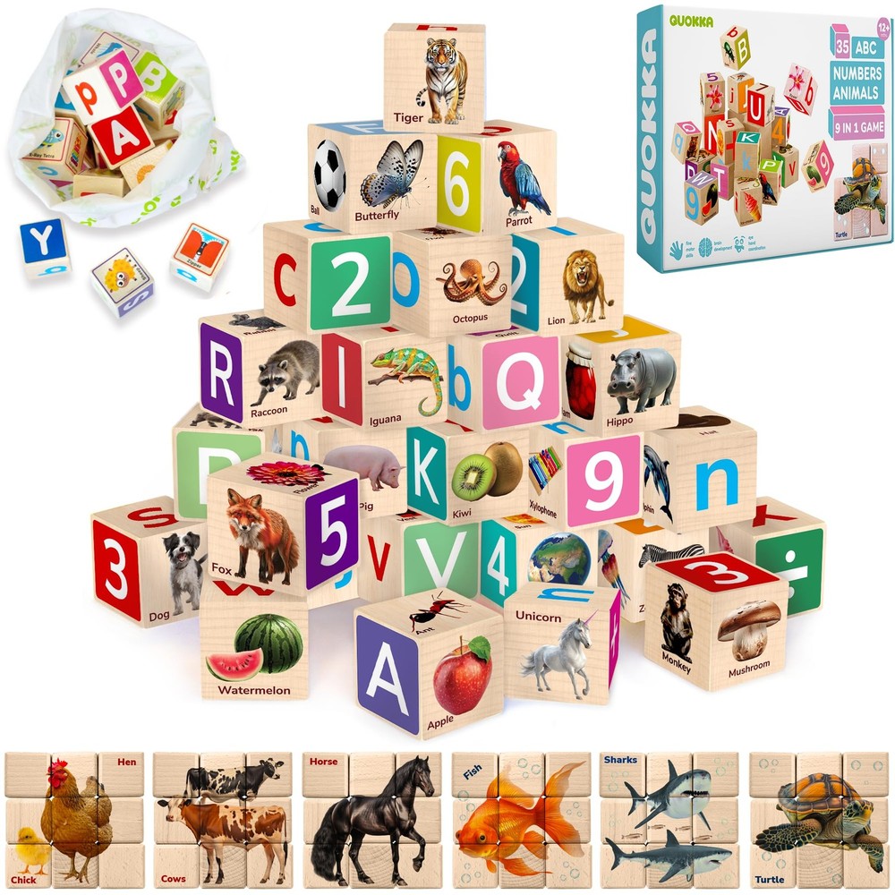 QUOKKA Montessori Wooden Alphabet Blocks for Toddlers 1-3 - 35 Realistic ABC Learning Toys for Early Childhood Education