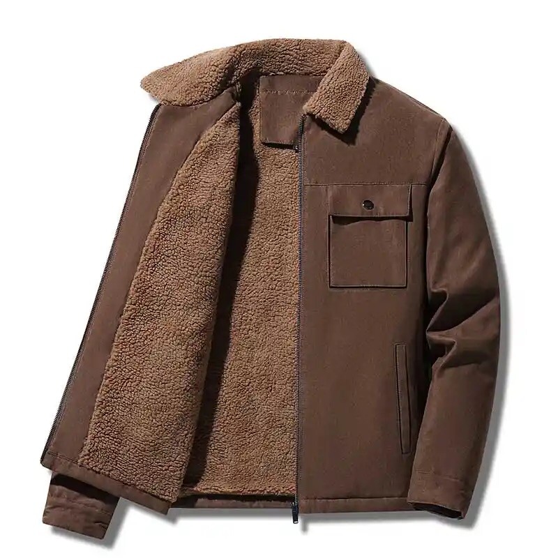 Men's Winter Fleece-Lined Cargo Jacket with Thick Thermal Zipper Coat