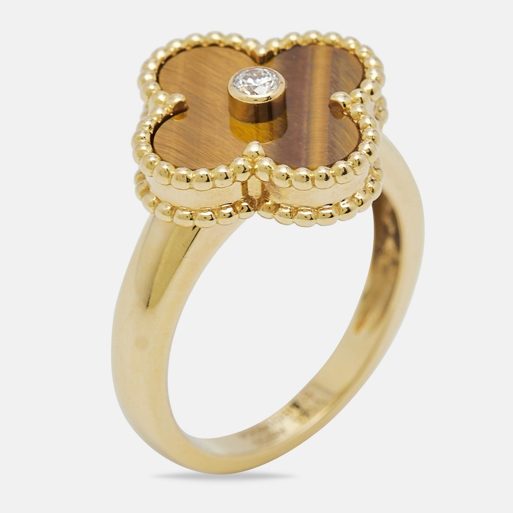 Van Cleef & Arpels Vintage Alhambra Tiger Eye Diamond 18k Yellow Gold Ring Size
