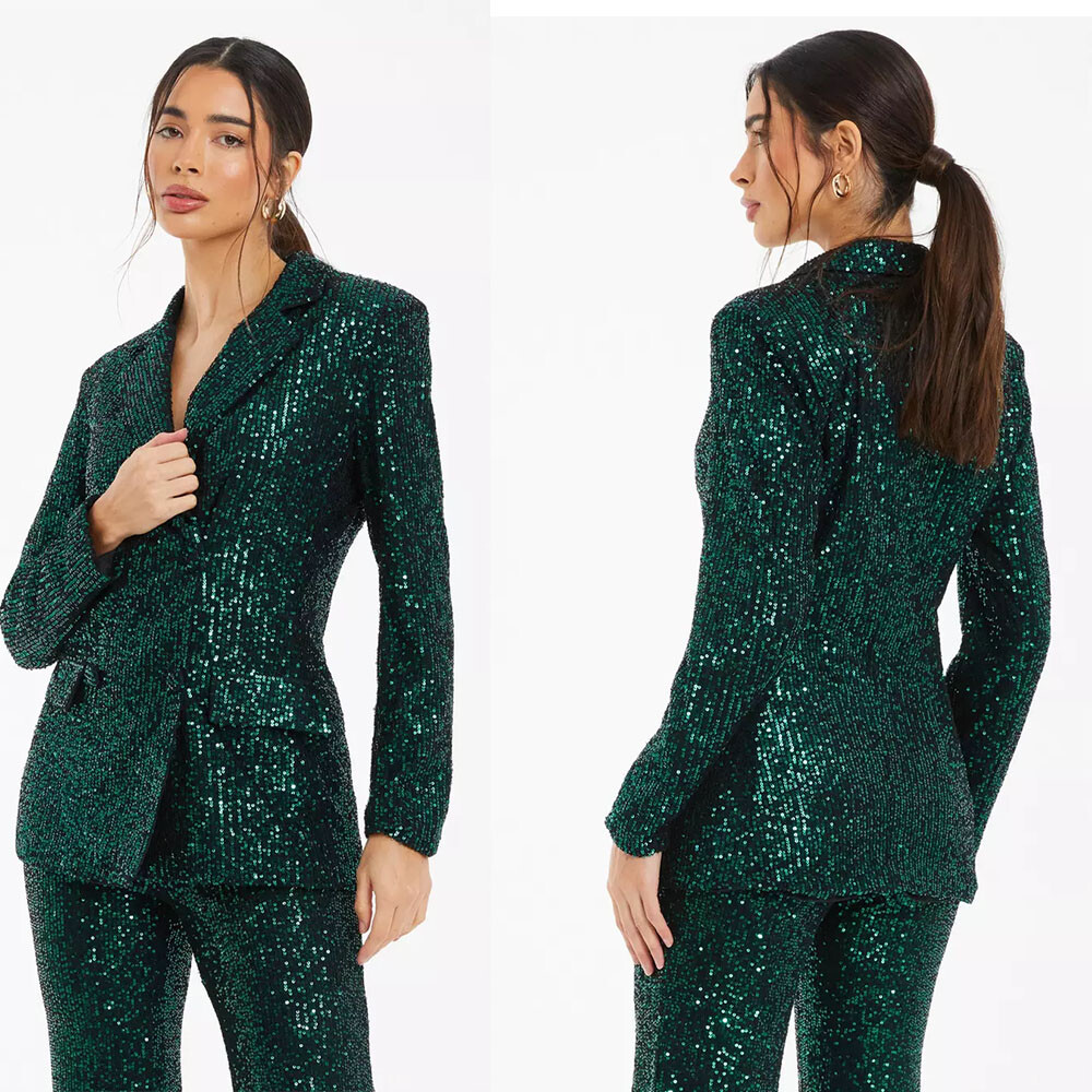 Women Sequin Suit Notch Lapel Business Casual Outfits Wedding Party 2 Piece Set