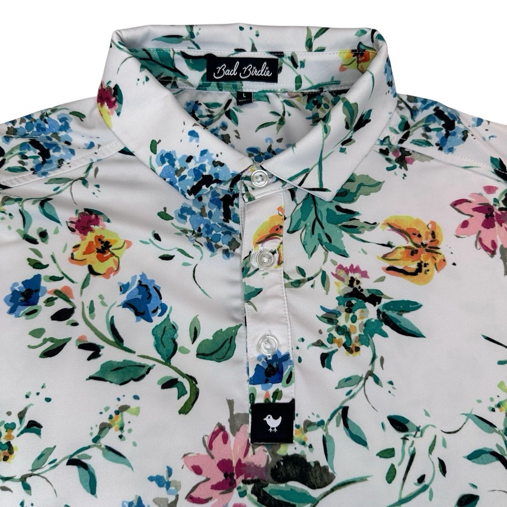 Bad Birdie Polo Shirt Men's Large White Floral Print Golf Performance Stretch