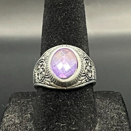 Vintage Antique Silver Tone Rhinestone Amethyst Ring - Size 7