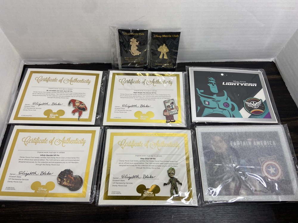 Authentic Disney Movie Club DMC / VIP Pins - Lot of 6 + Pendants GROOT, BUZZ +