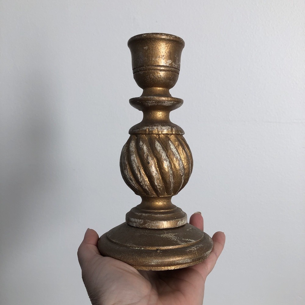 Vintage Gold-Toned Wooden Candle Holder Pedestal 7.5