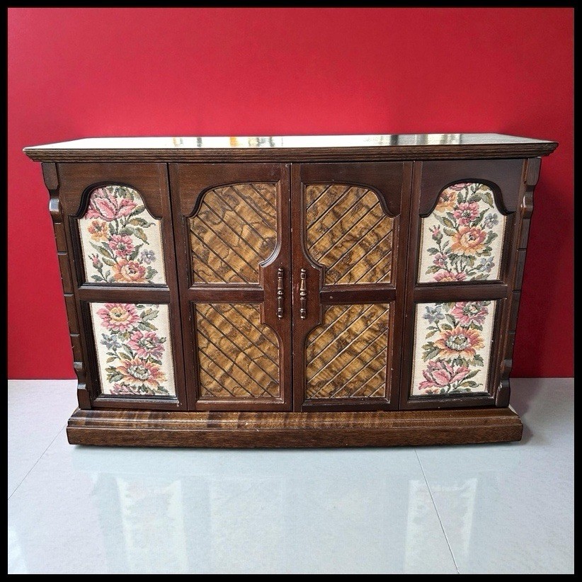 Vintage 1960’s Oak Wood Tapestry Doors Mirror Back Jewelry Armoire Made in Japan