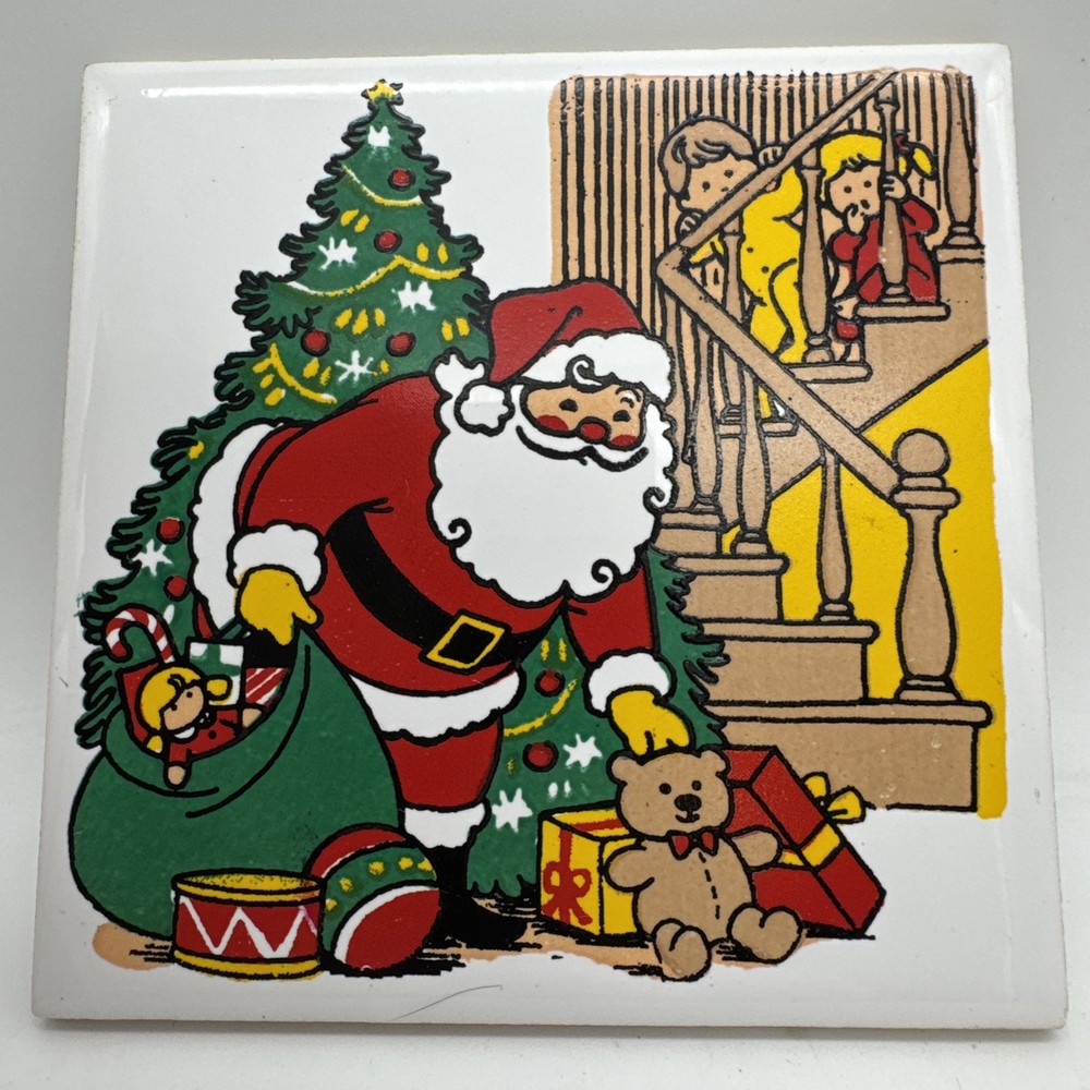 Santa Christmas Tree Ceramic Tile Trivet Vtg 1982 4