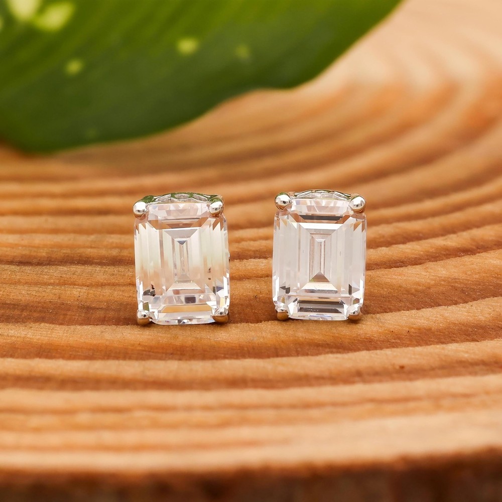 925 Sterling Silver Emerald Cut CZ Stud Earrings Minimalist Gift For Her