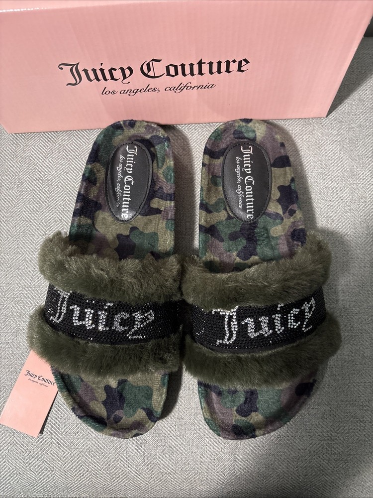 Juicy Couture JC Siren Size 9 Green Camo Luxe Faux Fur Bling Sandal Slide NWB