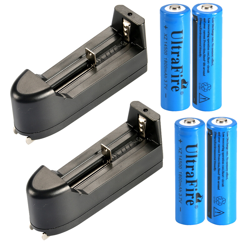 4pcs 14500 Battery 3.7V UltraFire 1800mAh Rechargeable Cell +2x Charger