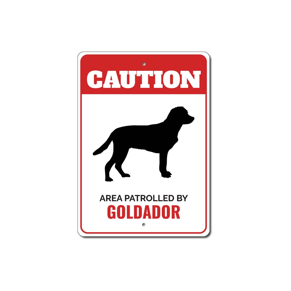 Patrolled By Goldador Caution Metal Sign Dog Kennel Pet Breed Canine K9 Paw