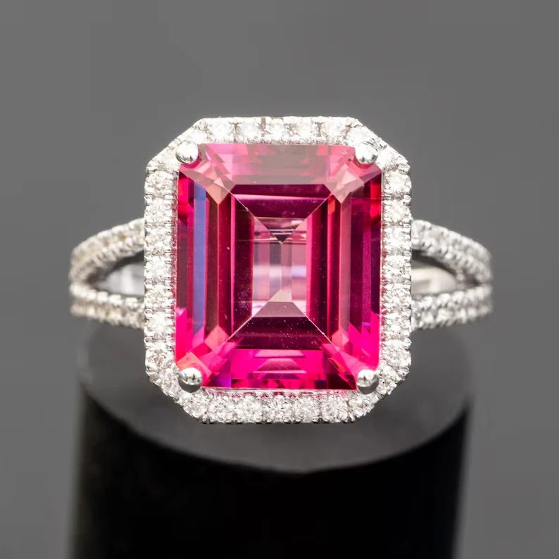 3.85 Ct Emerald Cut Natural Pink Sapphire & Diamond Wedding Ring 14K White Gold