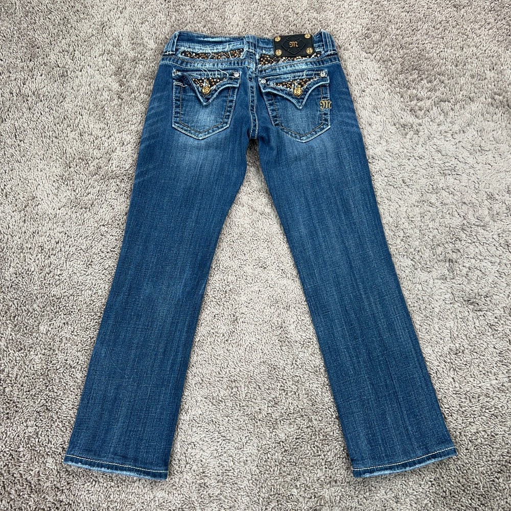 Miss Me Womens Size 27 Blue Denim Straight Cropped Jeans with Gold Bling Cowgirl Style