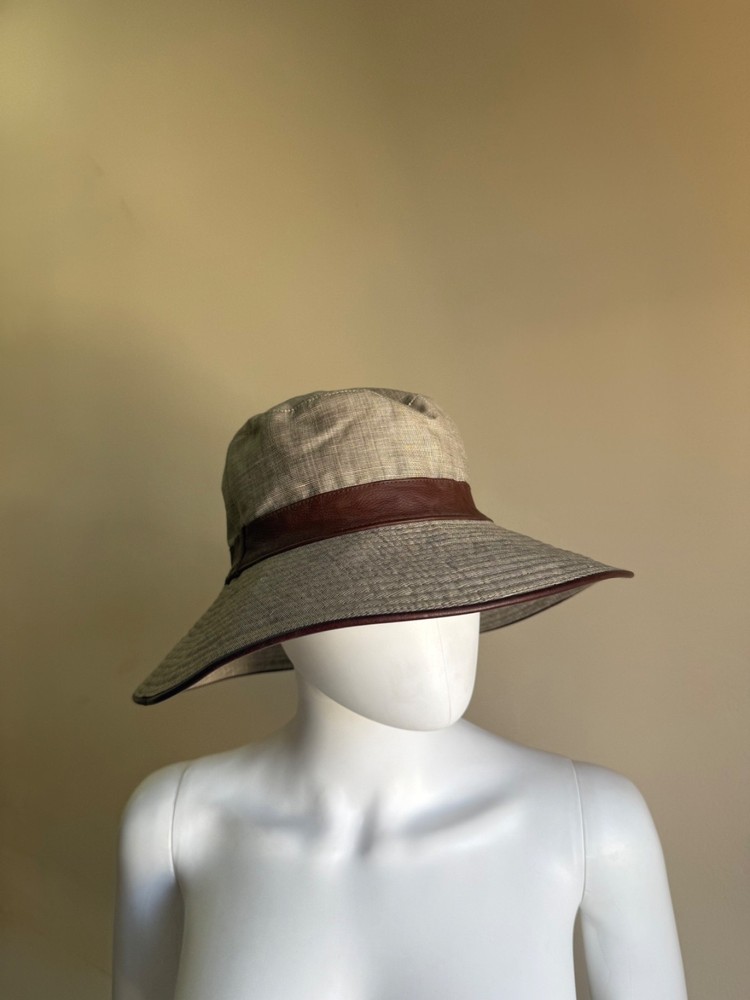 Hermes Bucket Hat Line Wool Leather Gray Ivory Size 57