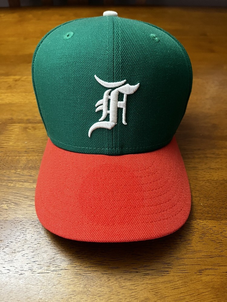 Fear of God Essentials Wool New Era 5950 Fitted Hat 7 3/8 Green Orange Flaw