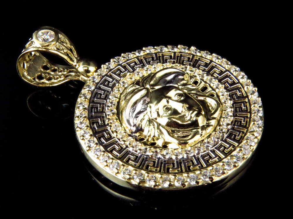 Mens 10K Gold Two Tone AAA Simulated Diamond Medusa Pendant Medallion 1.5 Inches