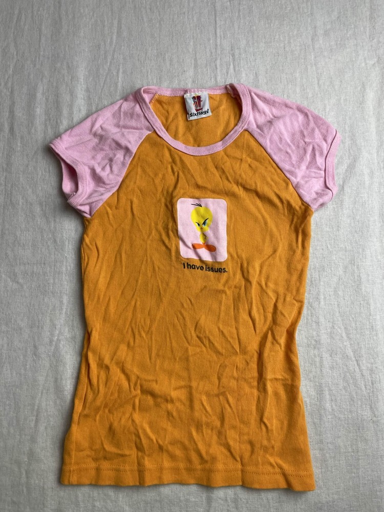 Vintage Y2K Tweety Bird I Have Issues Six Flags Shirt Women S Orange Pink Cotton