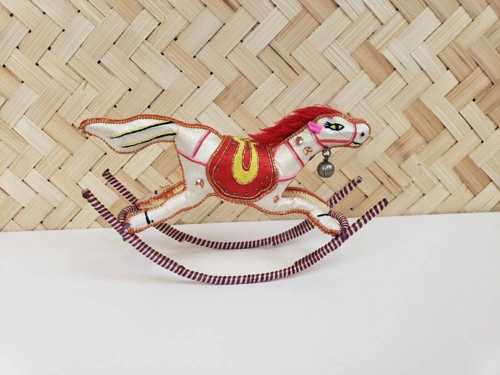 Vintage Silk Embroidered Boho Rocking Horse Mini Figurine Stuffed Decor
