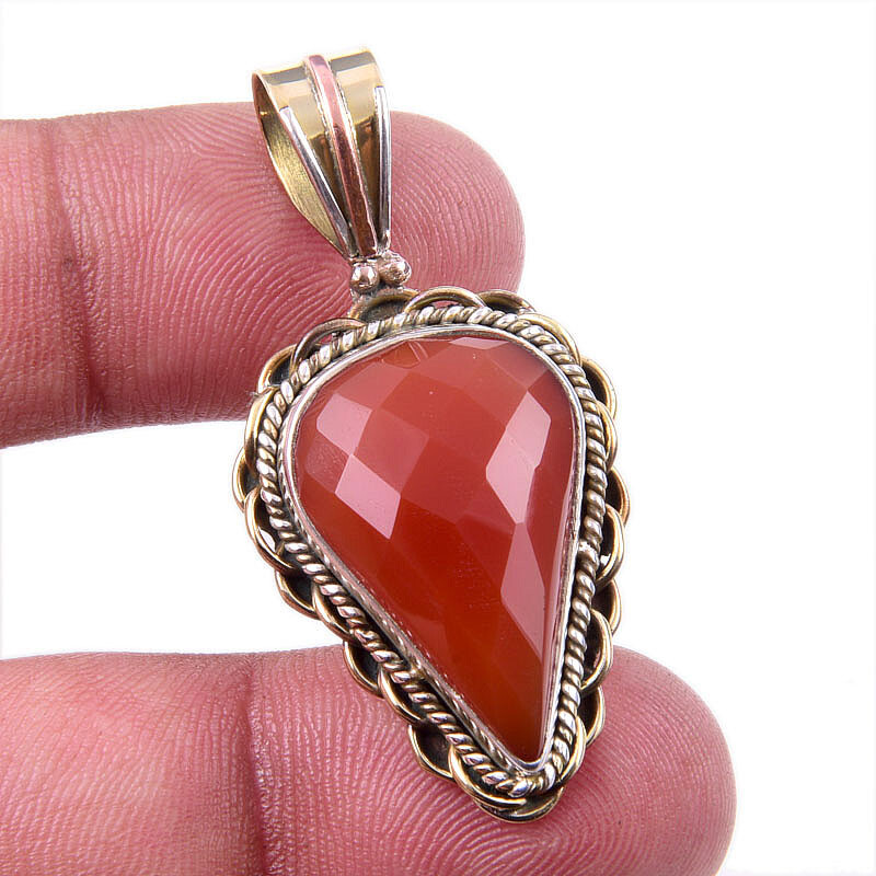 Natural Carnelian Gemstone Two-Tone 925 Sterling Silver Pendant 1.5 Inch
