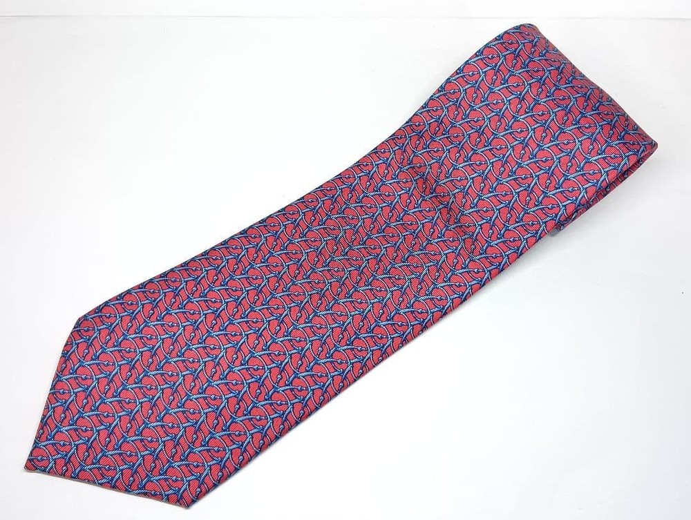 HERMES Necktie Tie All over chain pattern Made in France Used Red 100% Silk