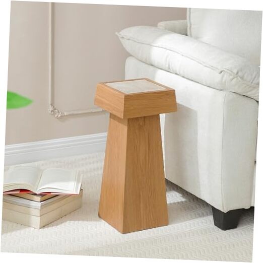 8.6-Inch Marble Top Oak Pedestal Side Table with Stone Finish  