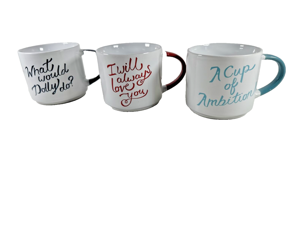 3x Dolly Parton 12oz Coffee Cups I Will Always Love you, WWDD, Cup of Ambition