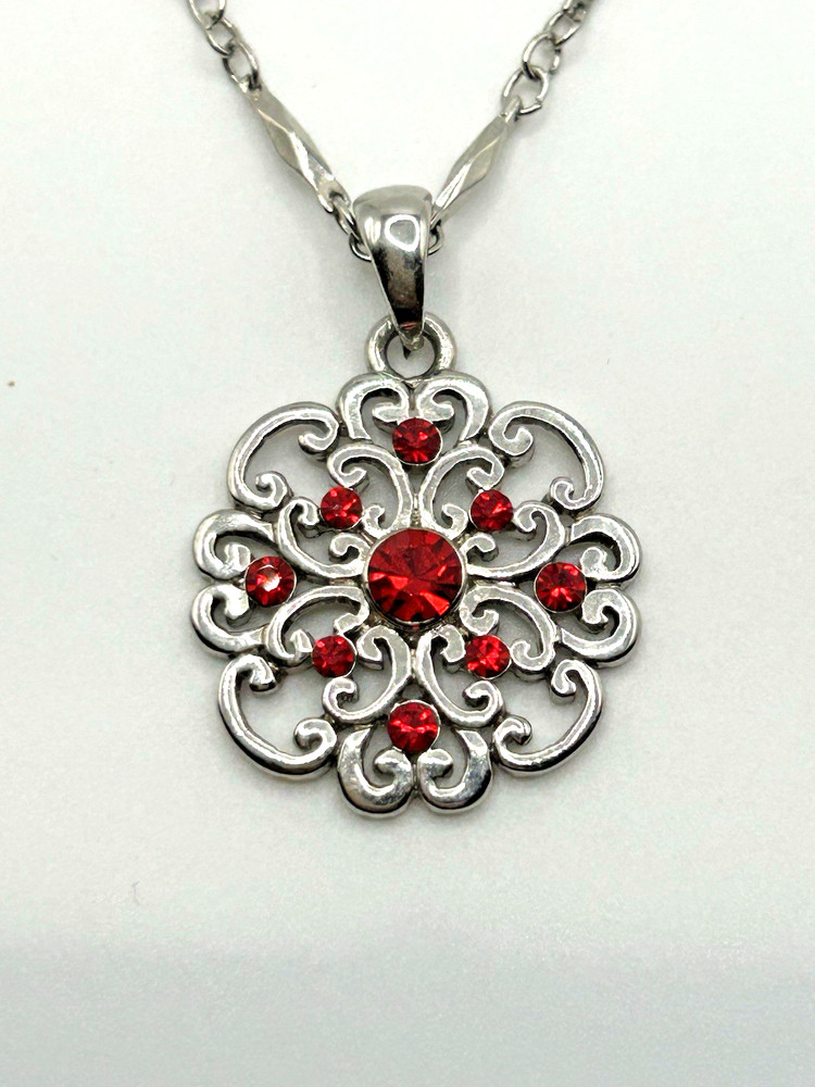 Cookie Lee Necklace Red Crystal Medallion Pendant Silver Tone