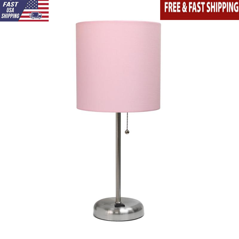 Brushed Steel Stick Lamp W/ Charging Outlet Fabric Shade Bedroom Office New