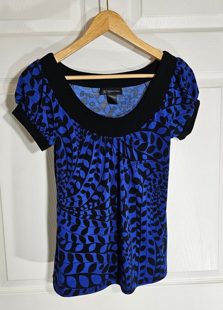 International Concepts Blouse Womens Size Small/P Blue Black Pleated Floral Top