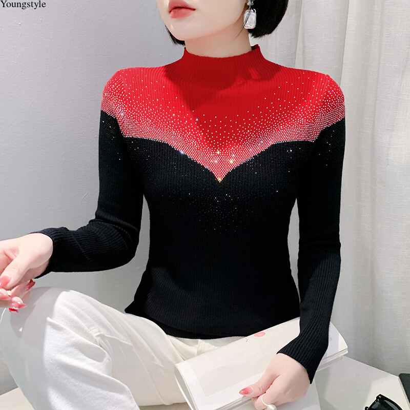 Ladies Colorblock Parchwork Rhinestone Mock Neck Slim Knit Tops Pullover sweater