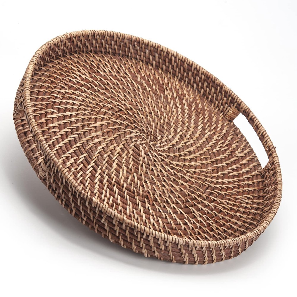 Round Rattan Woven Serving Tray with Handles - Ottoman Breakfast & Drink Tray