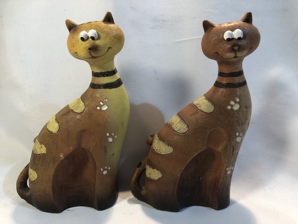 Vintage Pair HP Solid Ceramic Cat figurines - hand painted - 14.5cm tall