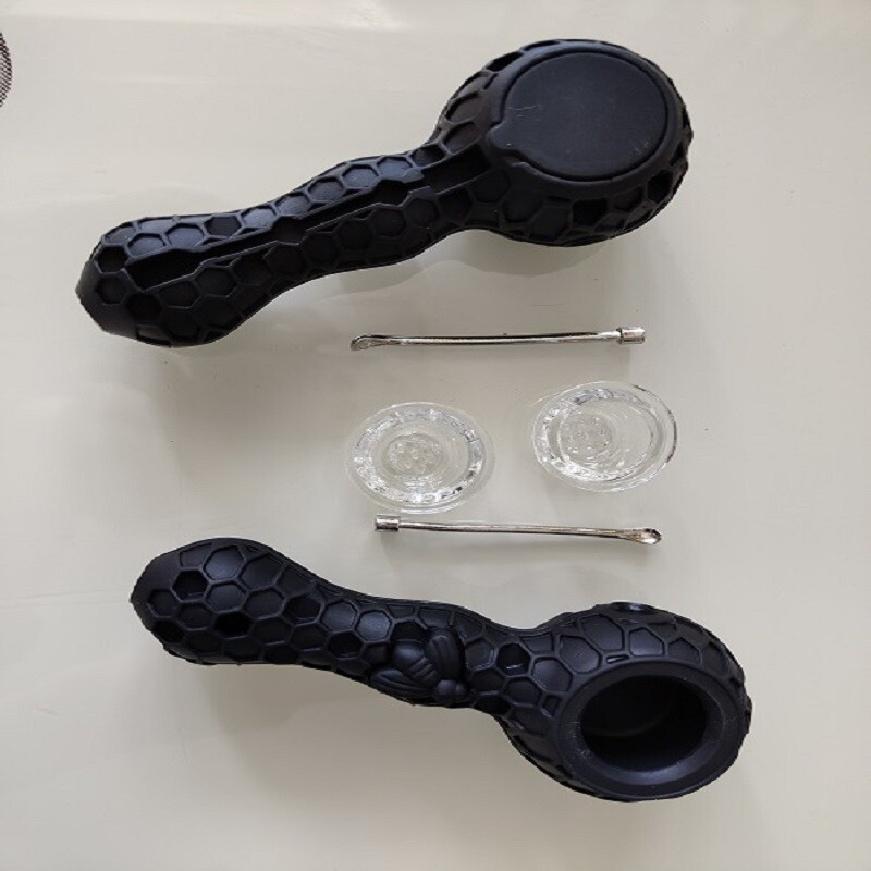 Pack of 2 Silicone Pipes Black Honeycomb Pipe w/ 9 Hole Glass Bowl & Metal Tool