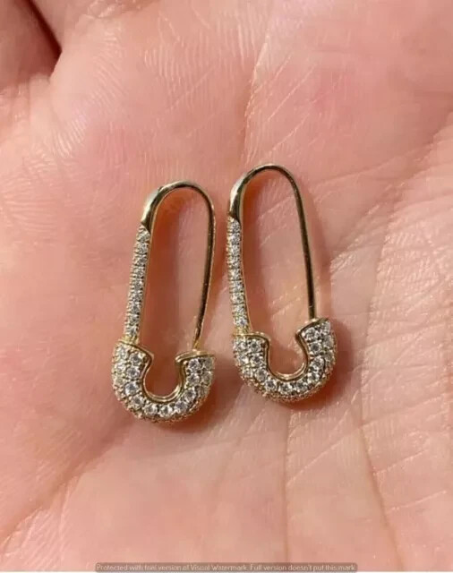 2Ct Round Lab Diamond Safety Pin Drop Earrings in 14K Gold Plated