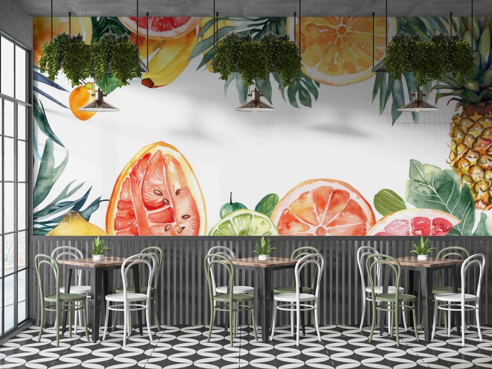3D Fruit Leaves Watercolor Pattern Wall Murals Wallpaper Murals Wall Sticker