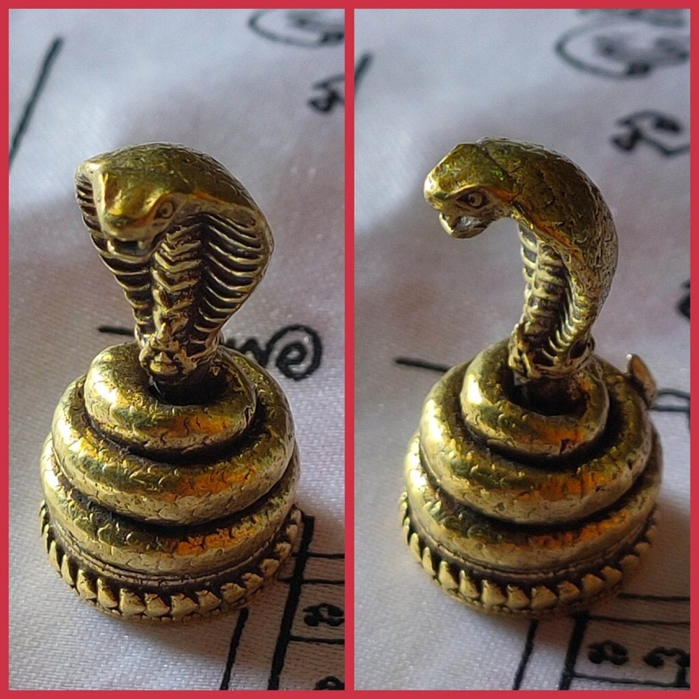 Gold King Cobra Snake Brass Statue Wealth Talisman Lucky Magic Thai Amulet