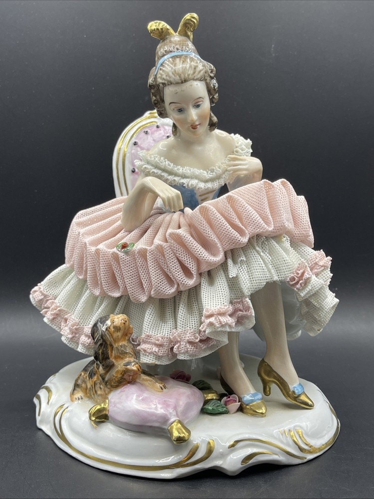 Wilhelm Rittirsch Dresden Lace Porcelain Lady with Dog Figurine German