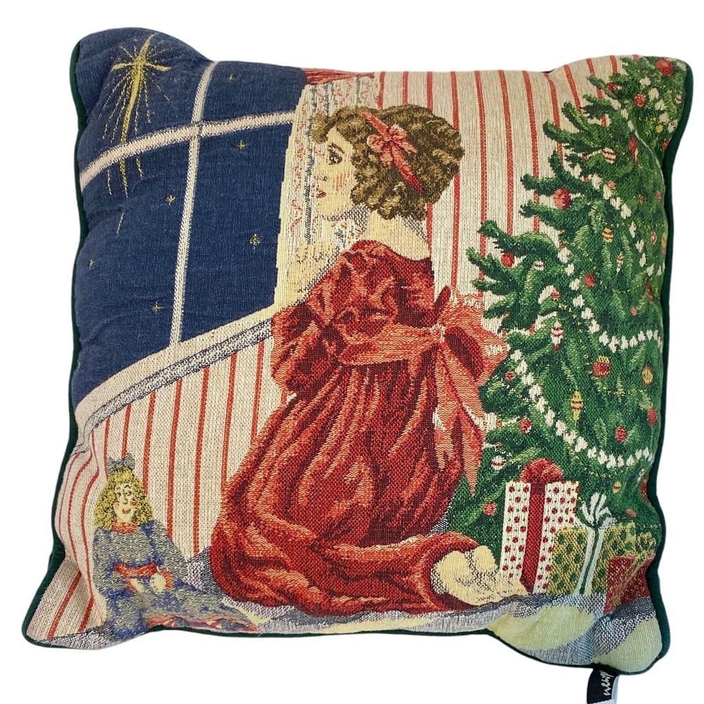 VTG Christmas Needlepoint Pillow Old Fashioned Victorian Child Brocade 13x13