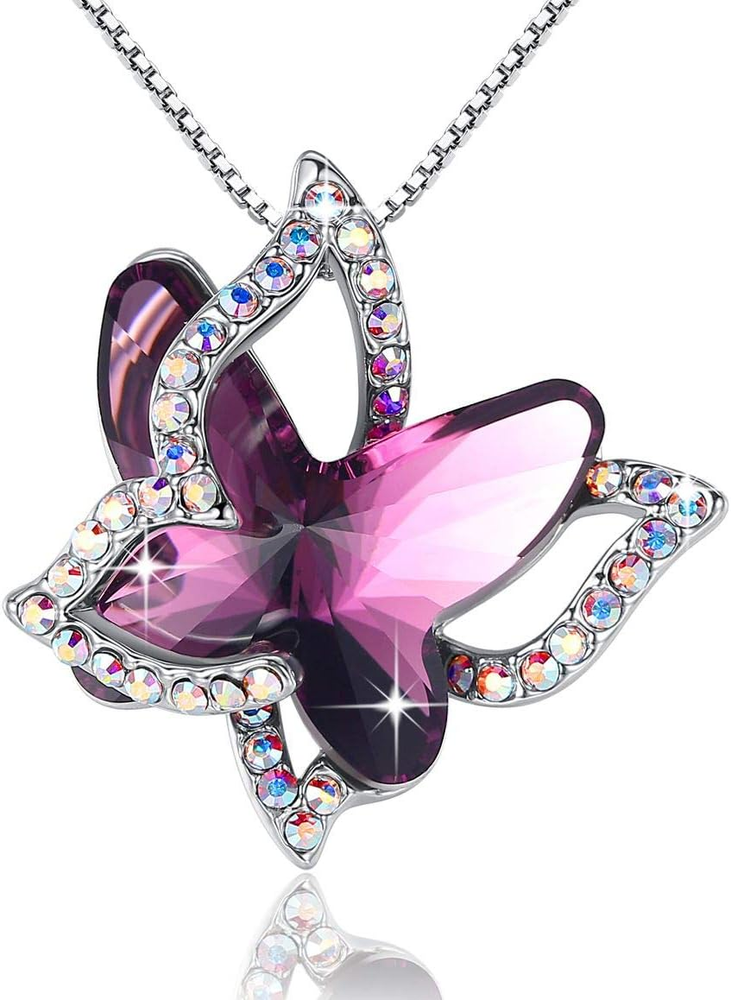 Gift Butterfly Birthstone Crystal Necklace, Silver Tone with 18”+2” Chain, Neckl