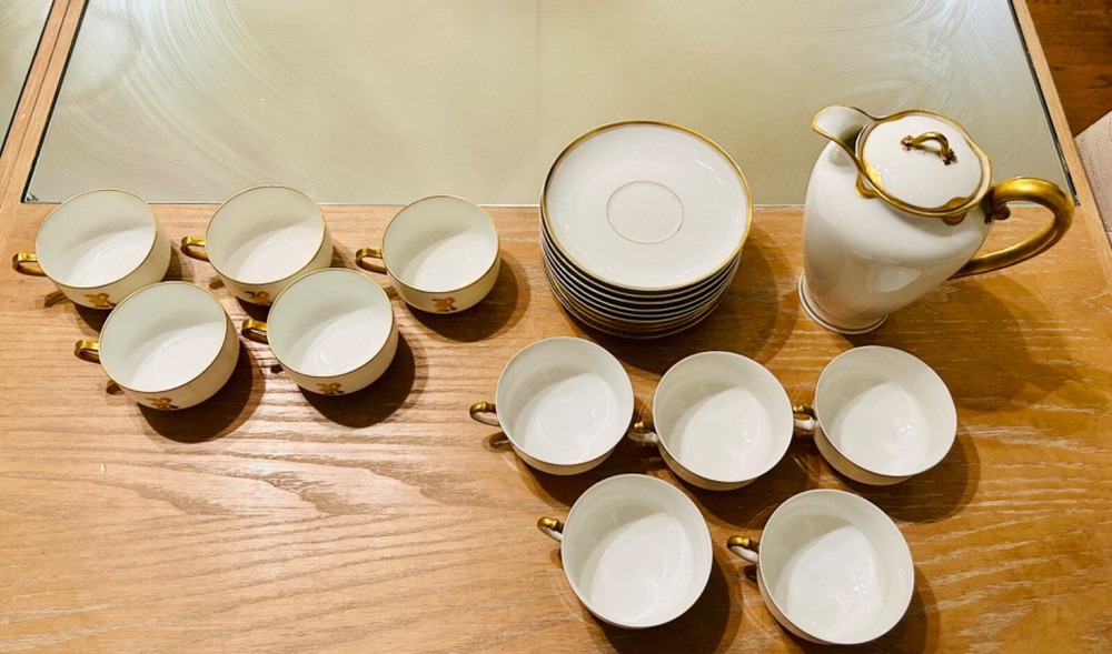 Vintage Haviland 10-Piece Gold Trim Teacup, Saucer & Creamer Set in Cream