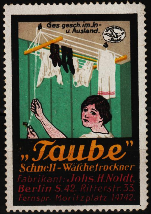 vintage poster stamp Taube Rapid Clothes Dryer by Johs. H. Noldt in Berlin /0224