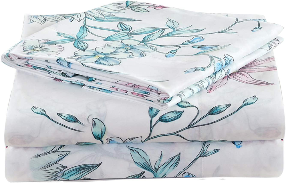 White Blue Floral Printed Sheet Set King Size, 4 Piece Botanical Microfiber Shee