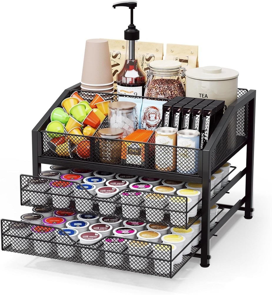 Coffee Bar Organizer - Coffee Station for Countertop, Metal and Wood K Cup Holde